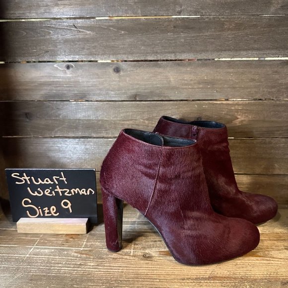 Womens Stuart Weitzman Burgundy Calf Hair Heeled Ankle Boots‎ Booties Size 9 M